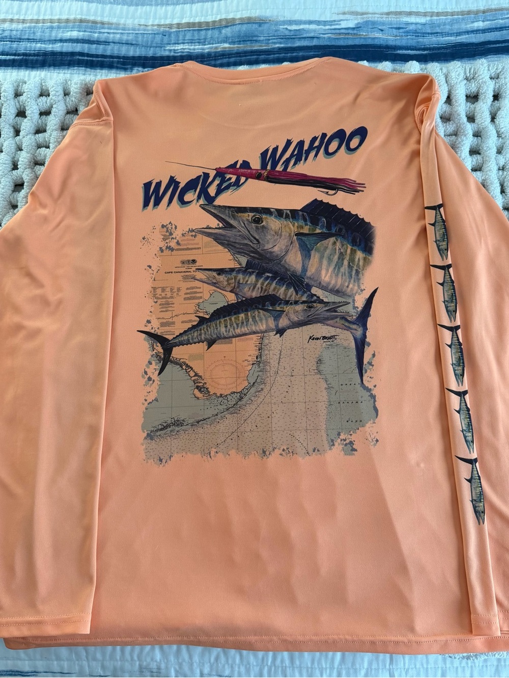 Orange Long Sleeve Kevin Brant Collection Fishing Shirt with Wahoo Fish Graphics - Picture 2 of 4